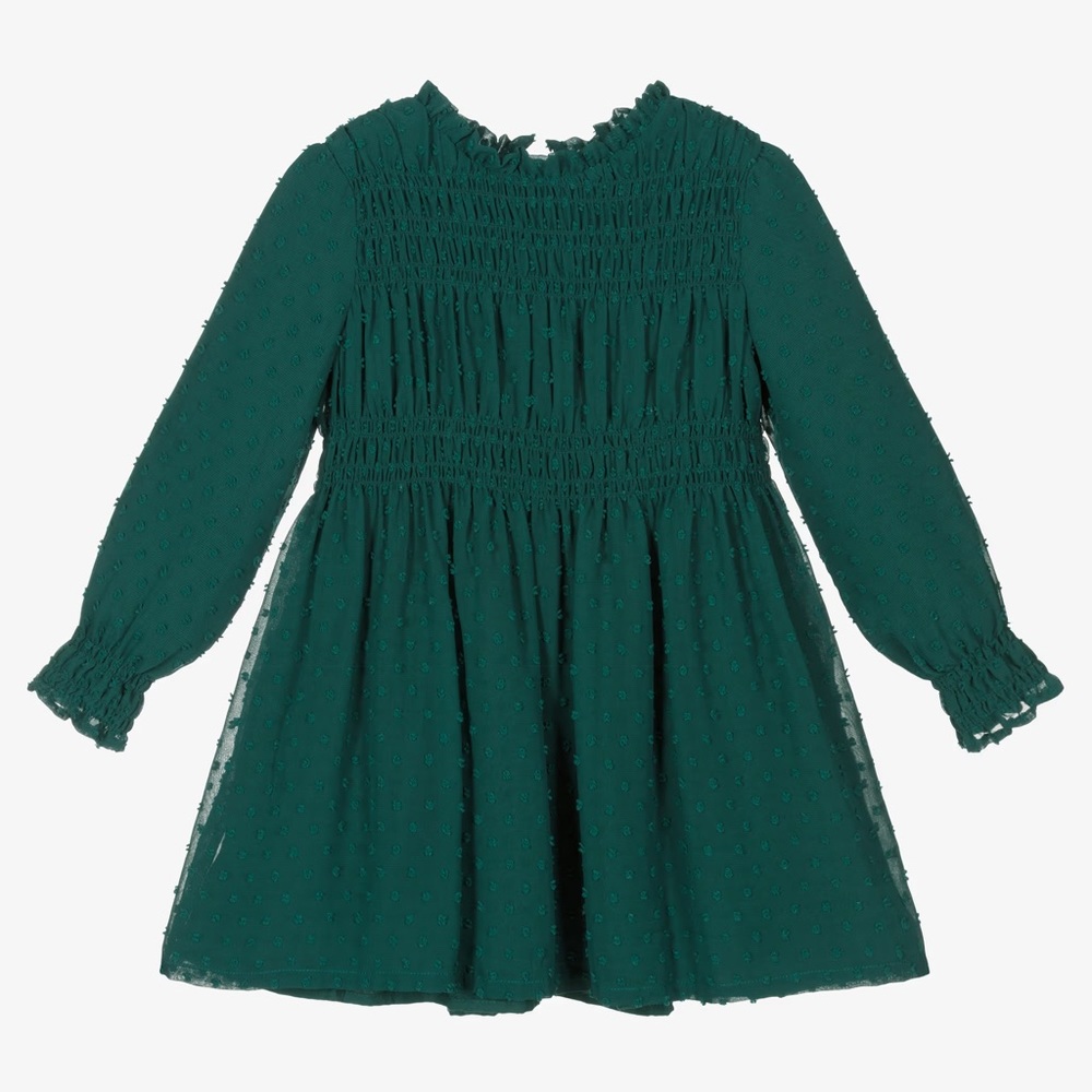 Size 7 Girls Mayoral Dark Teal Smocked Long-Sleeve Party Dress